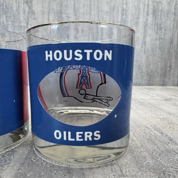 Pair of 1980's NFL Houston Oilers NFL Bar Glass Earl Campell Texans Vtg Gold Rim - Picture 3 of 9